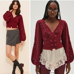 For Love and Lemons Burgundy Red Cardigan Cropped Ling Sleeve size S
